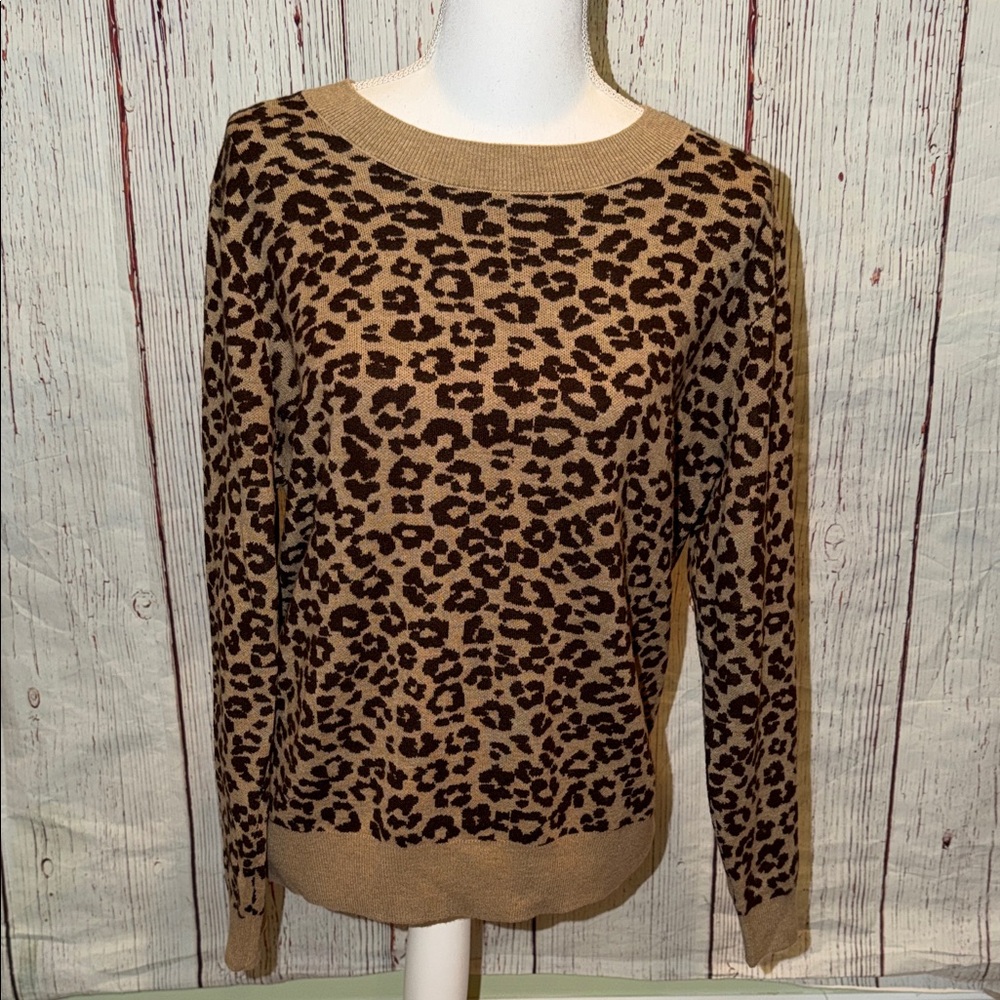 LOFT Animal Print Crew Neck Sweater - Brown and Black